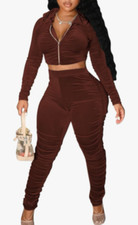 NEW yidengymx Women's 2 Piece Velour Bodycon Hooded Tracksuit Size Medium