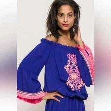 La Moda Women's Off Shoulder Boho Embroidered Mini Dress NWT Blue OS