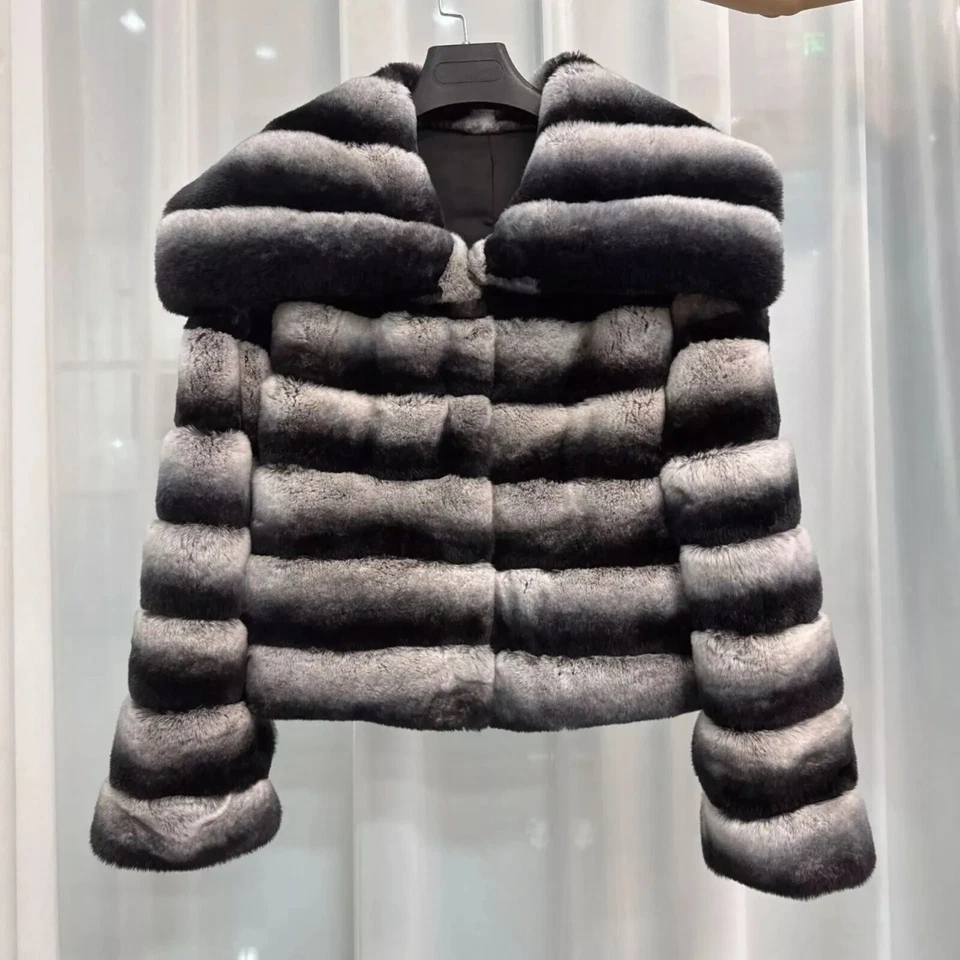 Women's  Winter Rex Rabbit Fur Large Collared Chinchilla Jacket Gift For Her - Image 4 of 4