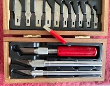 Vintage X-ACTO Knife Set in Wooden Dovetail Hinged Box 3 Handles & 14 Blades EUC