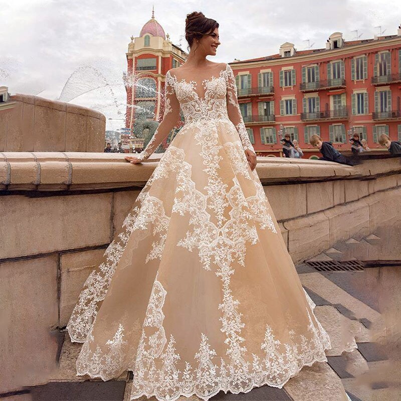 Elegant Champagne Wedding Dresses Long Sleeves Button Lace Appliqus Bridal Gown | eBay Elegant Champagne Wedding Dresses Long Sleeves Button Lace Appliqus Bridal Gown | eBay