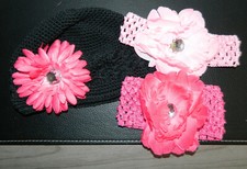 ADORABLE toddler girl's Crochet BEANIE Hat Headbands FLOWER Clips Black Pink