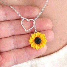 Vibrant Yellow Sunflower Heart Lariat Necklace Infinity Charm Bridal Flower