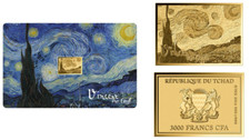 Vincent Van Gogh Noche estrellada 1/1000 OZ oro .999 en tarjeta de moneda