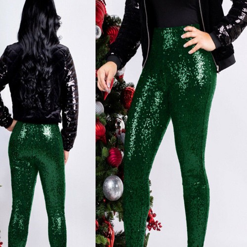 Women's Plus Size Sequin Slim Leggings Pants Women's Sexy Nightclub Trousers - Picture 16 of 16
