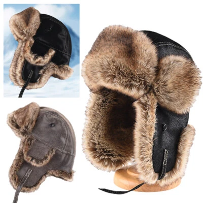 Men Aviator Trapper Hat Fur Winter Ski Ushanka Earflap Russian Faux Leather Warm