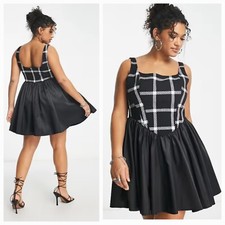 NWT ASOS Luxe Plaid Curve Boucle Corset Square Neck Pleated Skater Mini Dress 16