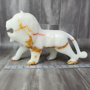 Carved White Marble Onyx Male Lion Home Decor Statue  14"L X 9"H Art Figure 