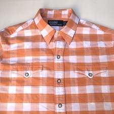 Polo RALPH LAUREN Men Orange Plaid Cowboy Western Pearl Snaps Shirt Sz M EUC