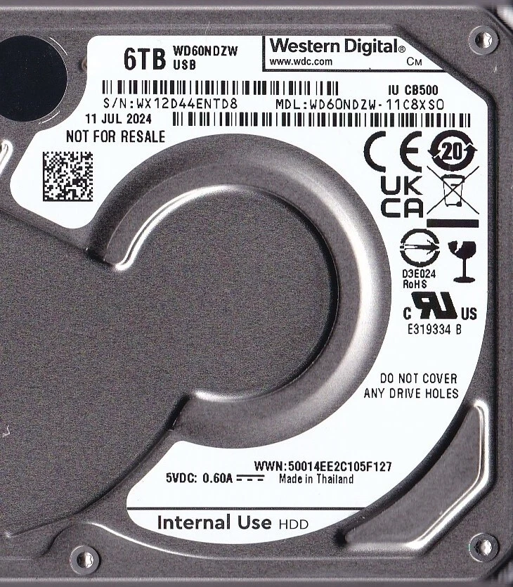 WD60NDZW-11C8XS0 s/n: WX12D4 JUL/2024 Thailand 6TB USB 3.0 2.5" WESTERN DIGITAL - Image 3 of 4