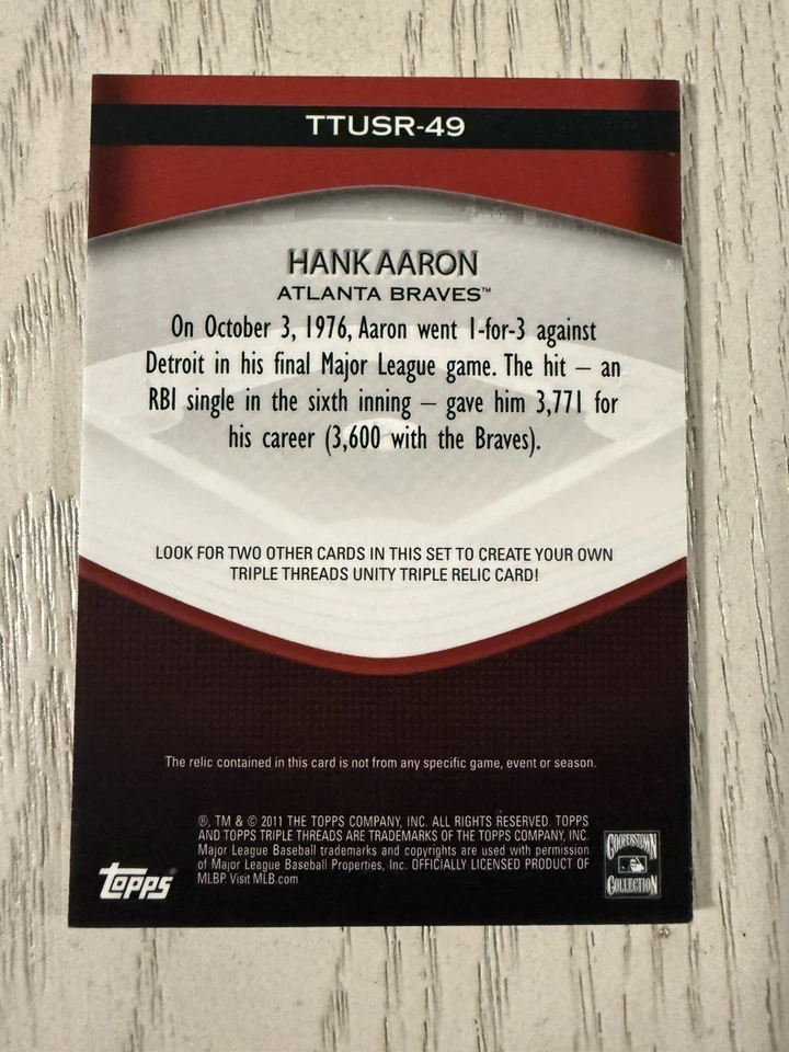 Tarjeta de recuerdos usada del juego Hank Aaron 2011 Topps Triple Threads 16/36 Foto 3 de 3