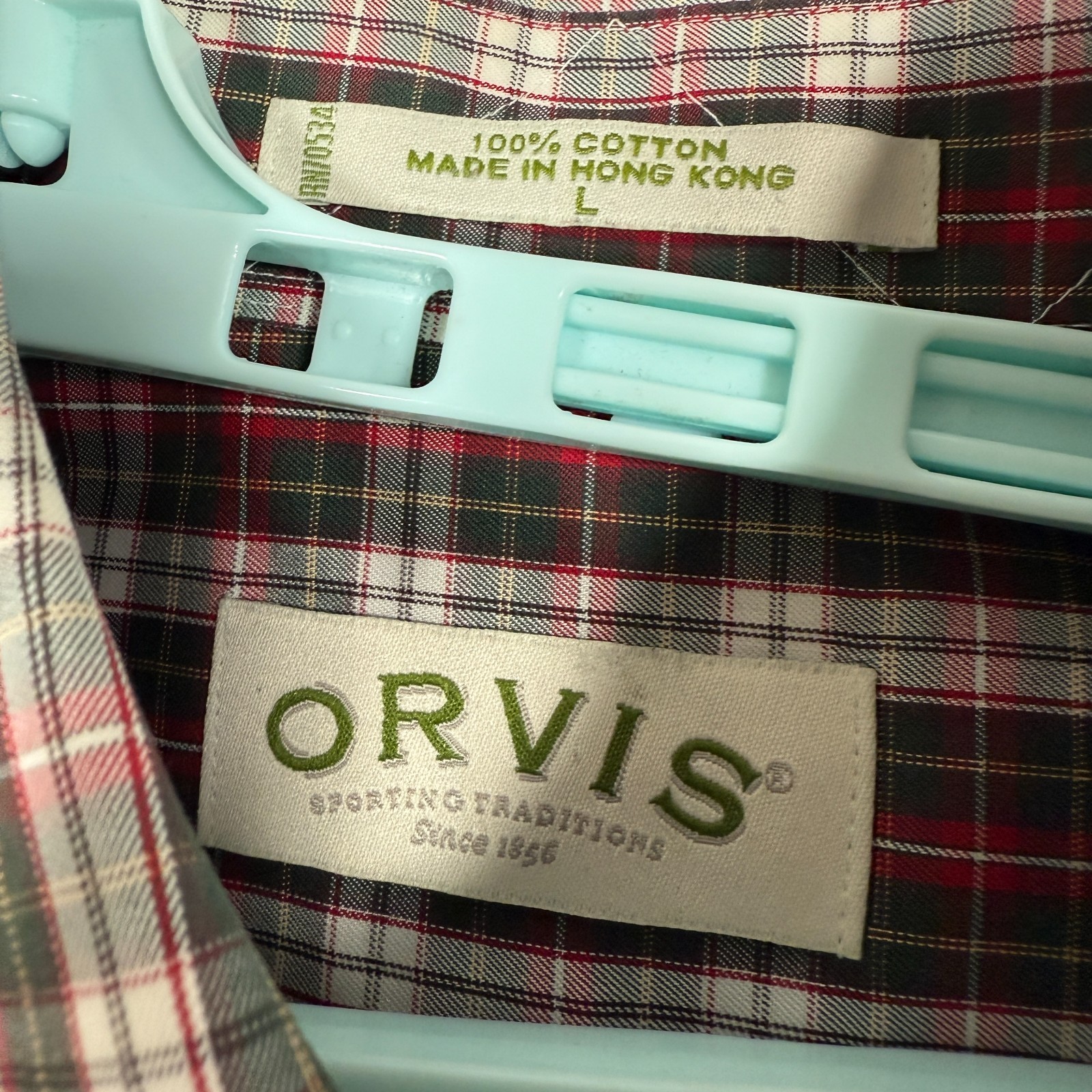 Orvis Shirt Mens Large Red Green Button Down Oxford Long Sleeve Tartan Plaid