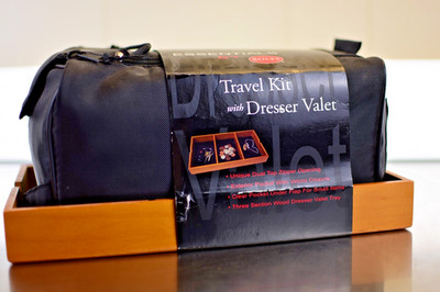 Essentials by Rolfs travel kit with a three-section wood dresser valet tray