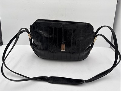 Vintage Genuine Eel Skin Purse Bag Black With Shoulder Strap Suede Inside