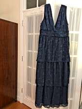 Rachel Zoe M Navy Tiered V-Neck Empire Waist Boho Summer Chic Ruffle Maxi Dress