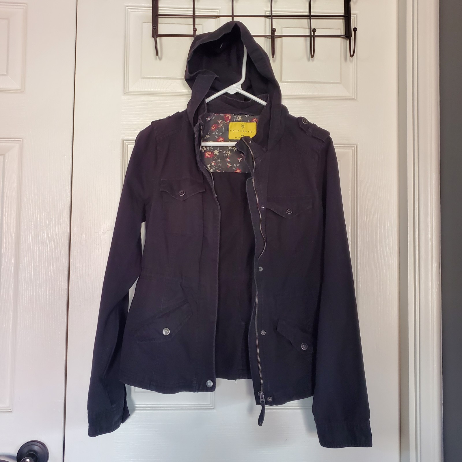 Princess Fox Black Denim Hooded Jacket Cargo Women’s Size Medium