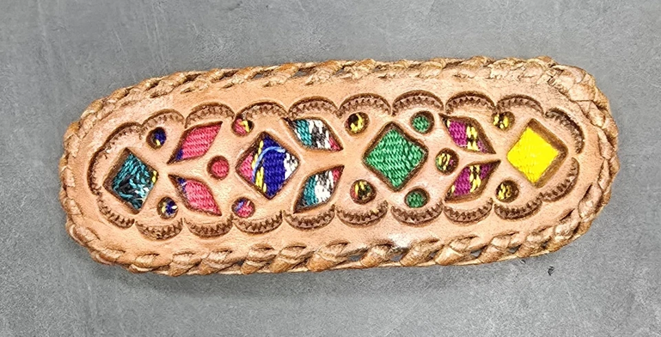 Vtg. Mexican Style Leather And Colorful Material Barrette Guatemala  - Image 3 of 4
