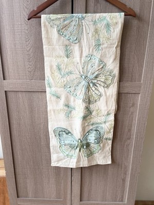 Pier 1 Imports Butterfly Table Runner Blue Green Embroidered Beaded Linen