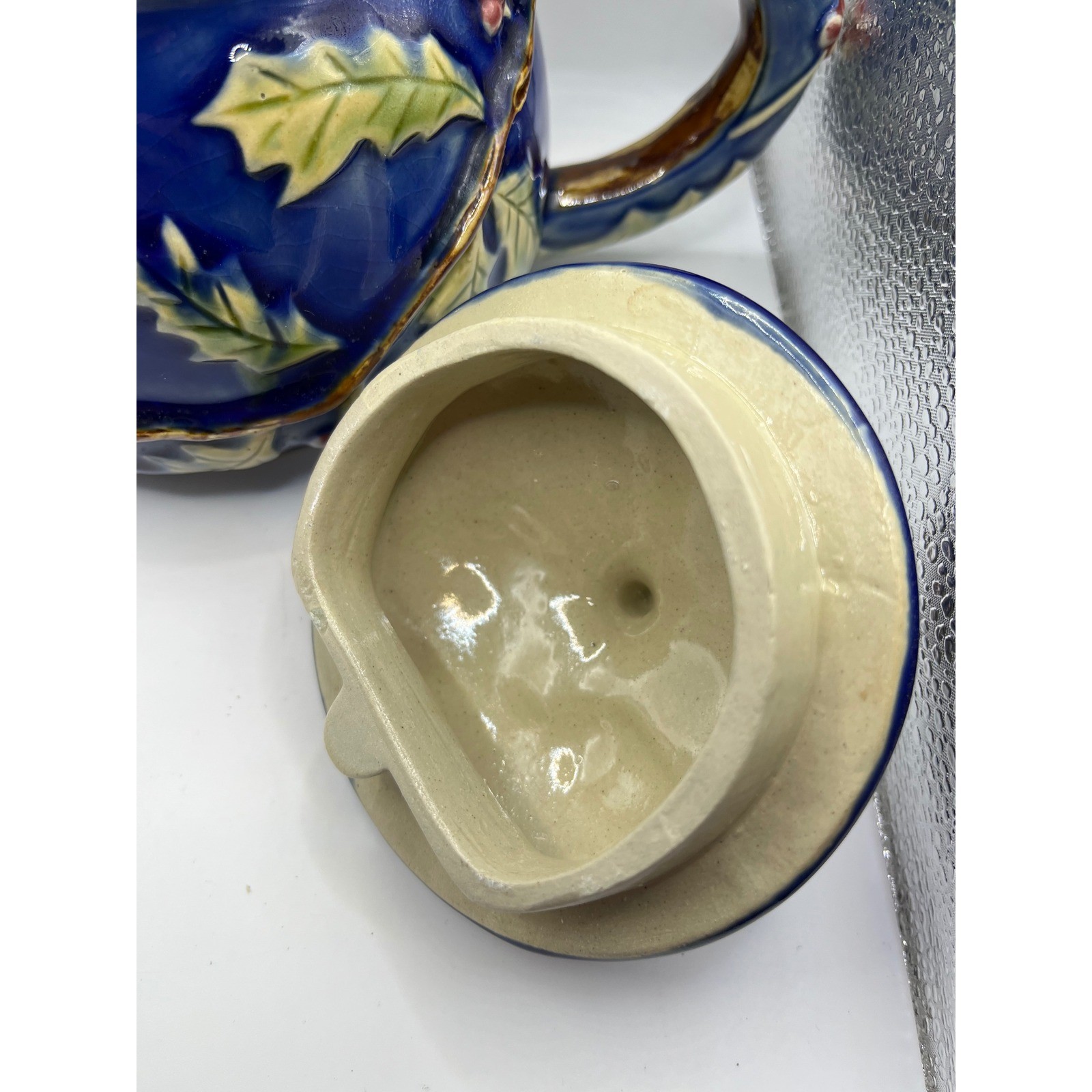 Collectible Ceramic Teapot, Dark Blue, Holly Leaves & Berries Design