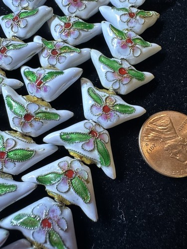 Pair of Vintage Chinese Cloisonne Enamel Beads Lantern Shape Flowers 21mm x 11mm - Picture 15 of 54