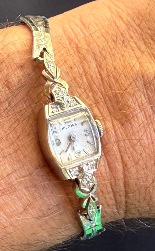 Reloj Hilton’s Vintage Oro Blanco 14K Art Deco Damas con 8 Diamantes – Funciona Foto 2 de 4