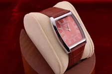 Vintage Men Seiko quartz Barrel-Tank  Red Dial Light Brown leather Dress Watch