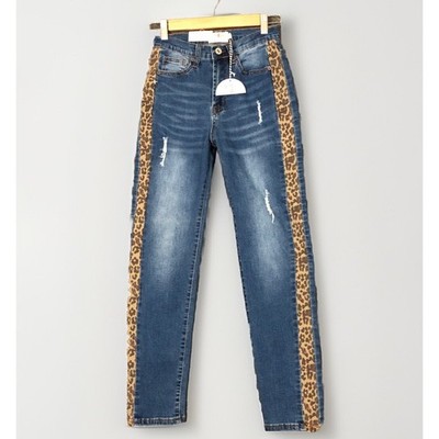 Umgee Jeans Juniors Size 1 Blue Denim Leopard Stripe 24x27 Skinny Straight Boho