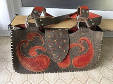 Hand Painted Large Leather Purse , Brown, Orange, Gold