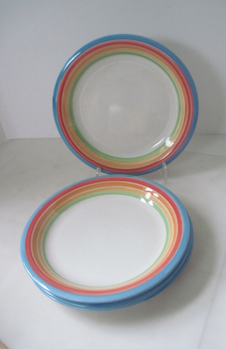 Gibson Dinner Plates Multicolored Rainbow Trim Set of 5 New - Picture 2 of 14