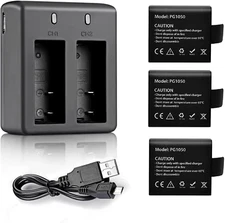 VVHOOY Action Camera Battery Pack 3 Pcs 3.7V 1050Mah Rechargeable Li-Ion Batteri