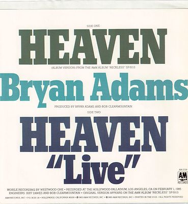 ADAMS, Bryan (Heaven) A&M 2729 = NO RECORD!!! PICTURE SLEEVE ONLY