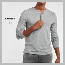 NWT - EXPRESS Men's Solid Essential Long Sleeve Henley, Heather Gray - XL 54