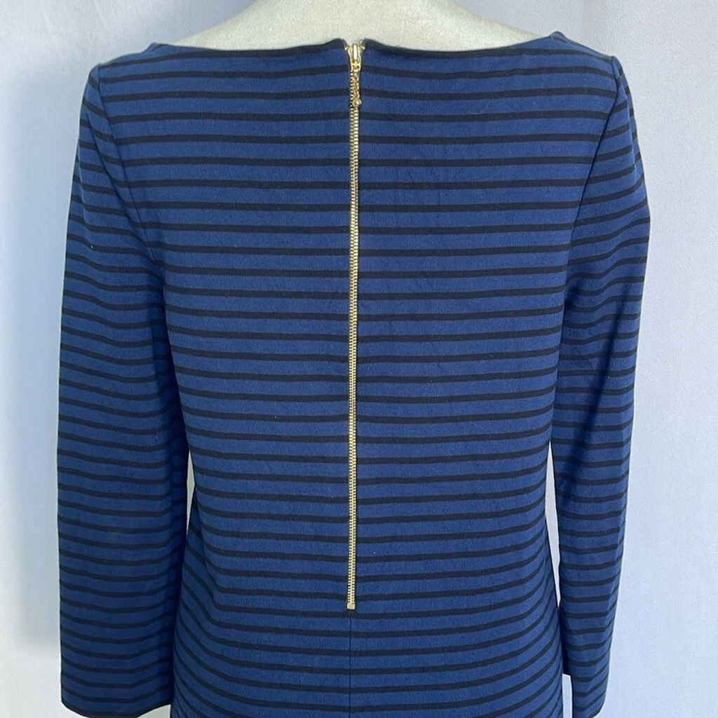 Abito Kate Spade vita scesa taglia 8 blu nero a righe maniche lunghe orlo arricciato