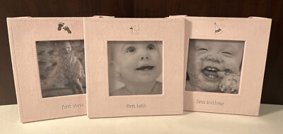 Aimee J Set Of 3 Baby Girl Pink Milestone Frames First Step Curl Bath NEW