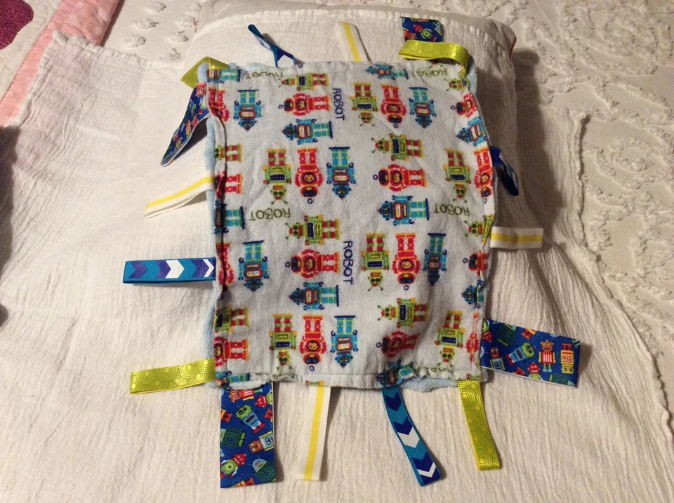 BABY TAGGIE BLANKIE HANDMADE 11" X 9" BLUE MINKY DOT ROBOTS FLANNEL - Image 3 of 4