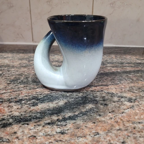 VTG Signed PETER POTS Stoneware Ram's Horn Stein CURVED HANDLE Mug Ombre Blue