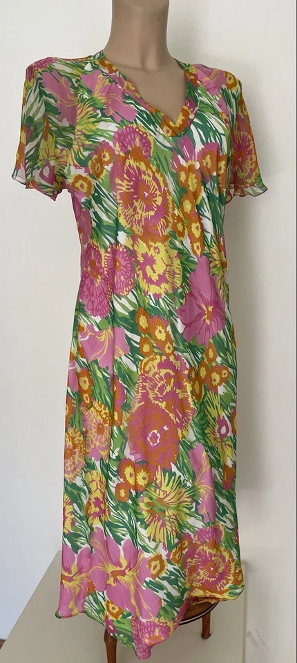 Maxi Vestido Largo MARINA RINALDI IT46-L Rosa Naranja Verde Floral 100% Seda 🌸 Mujer Foto 4 de 4