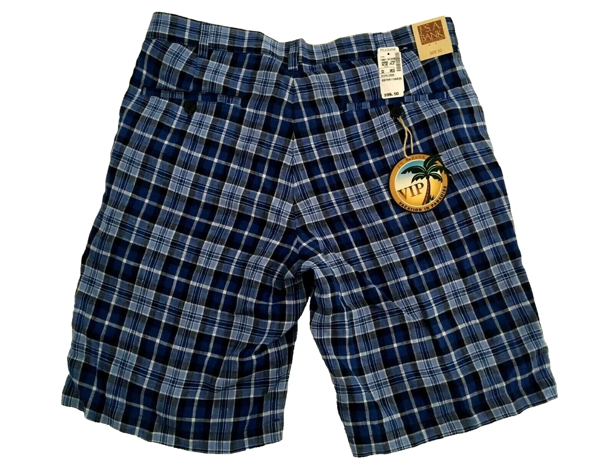 Jos A Bank Mens Size 32 Blue Plaid Golf Shorts 100 Linen NEW Retail 99.50