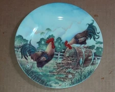 Plate Decorative 8" Ceramic Two Roosters, One on Top of a Basket of Corn.