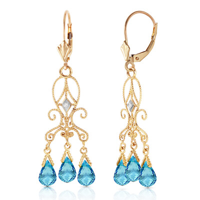 14K. GOLD CHANDELIER DIAMANTEN OHRRING MIT BLAUTOPAS (Gelbgold)