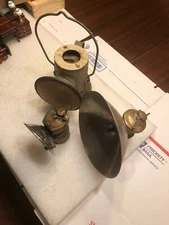 3 ANTIQUE MINERS LAMPS, 2 BRASS CARBIDE (JUSTRITE, AUTO-LITE) + 1 DELTA ELECTRIC