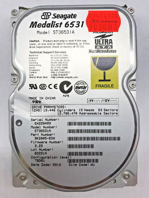 6,5 GB IDE/ULTRA ATA FESTPLATTE SEAGATE Medalist 6531  ST36531A  3,5 ZOLL#FP3784