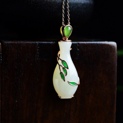 I01 Pendant Silver 925 Gold Plated White Jade Vase with a Branch