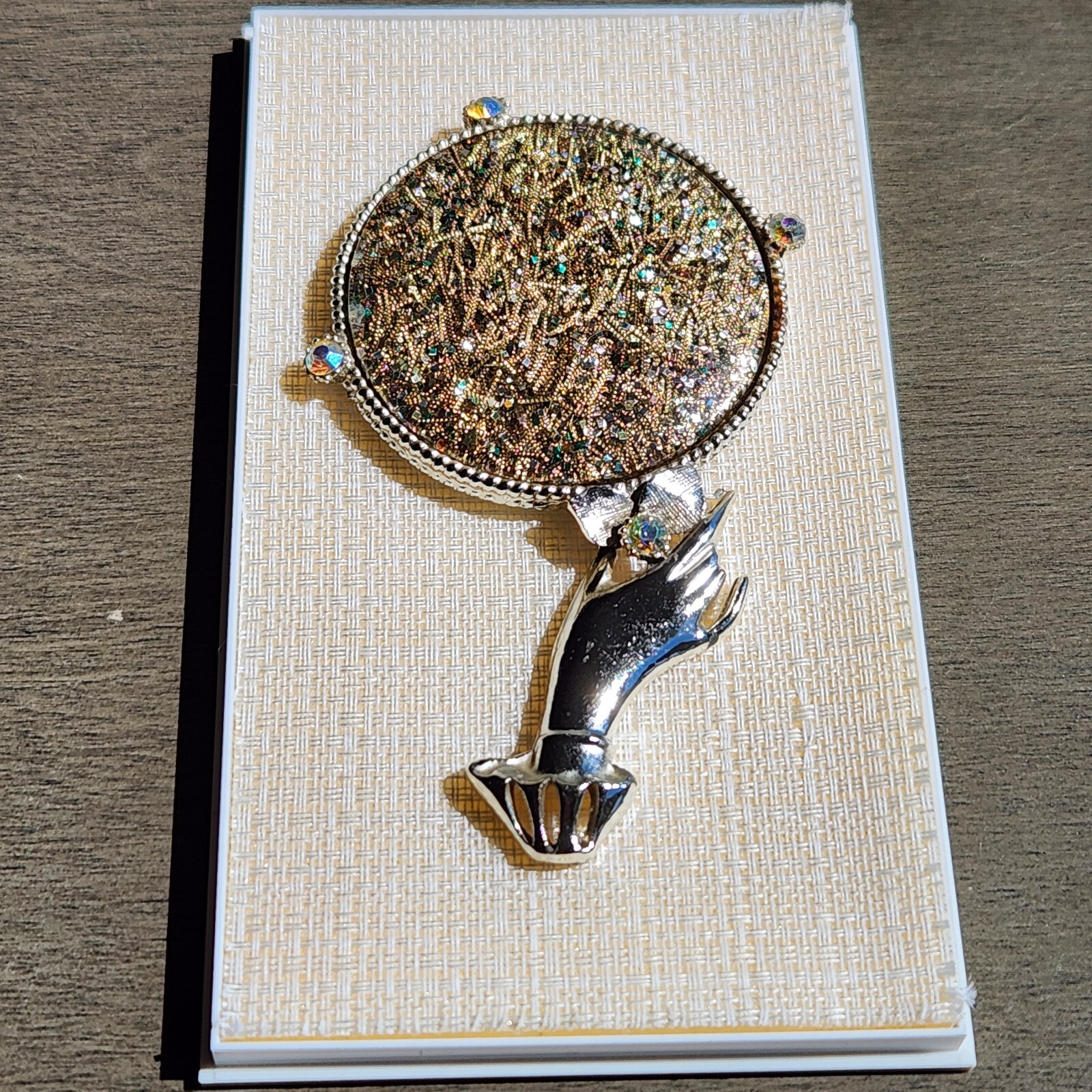 Vintage  Miniature Silver Glitter Rhinestones Hand Mirror 4”