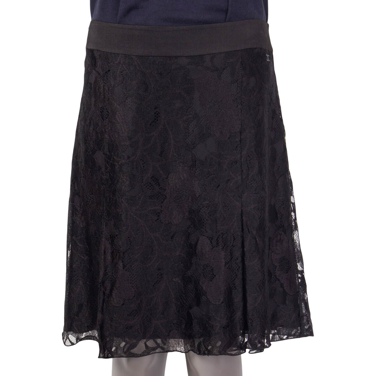 64941 auth CHANEL black viscose 2006 BOX PLEAT LACE Skirt 44 XL 06A