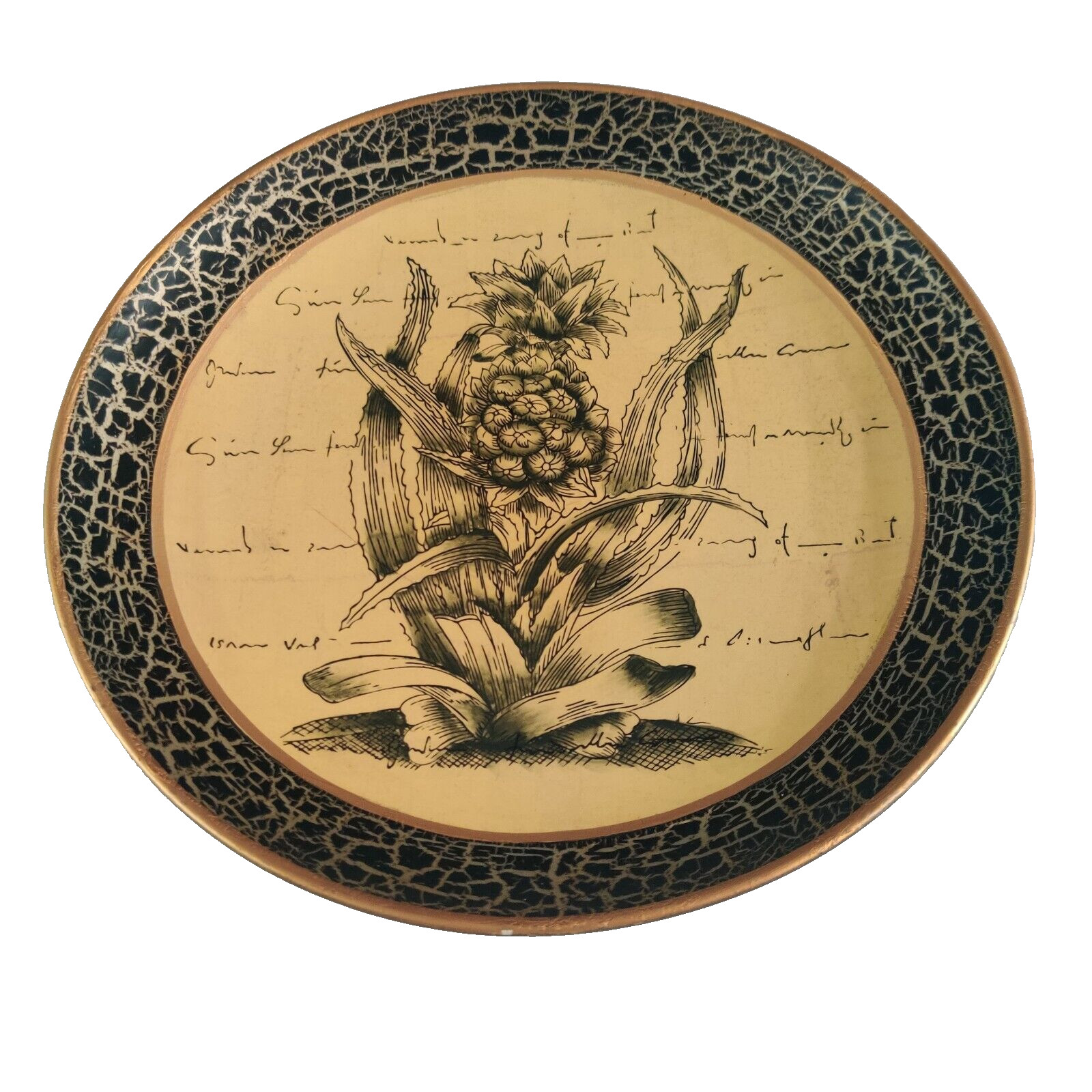 Oriental Accent Decorative Pineapple 10" Decor Plate Black Gold Prosperity Theme