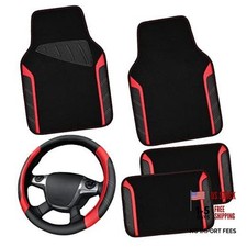 Leather Steering Wheel Cover and Waterproof Car Floor Black And Red