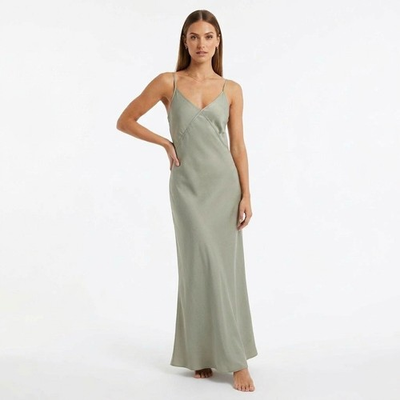 #ad MOD REF Sage Green Maxi Slip Dress V Neck Adjustable Straps Size Medium Side Zip $25.99