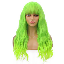 26 Inches Green Wig Long Curly Neon Green Wig with Bangs for Women Daily Party H
