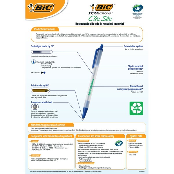 50X Bic® 8806871 Druckkugelschreiber Ecolutions Clic Stic, 0,4 Mm, Schwarz-image